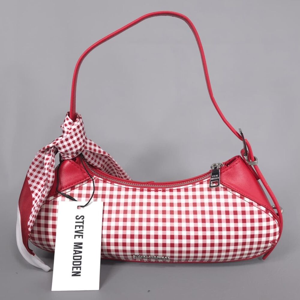 STEVE MADDEN Women's New Shoulder Bag Scarf Zip Silver Red Gingham DT627910